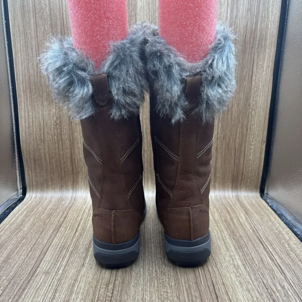 Merrell Women Snowcreek Tall Boots Sz‎ 8 Brown Leather  Waterproof Fur Trim 200g